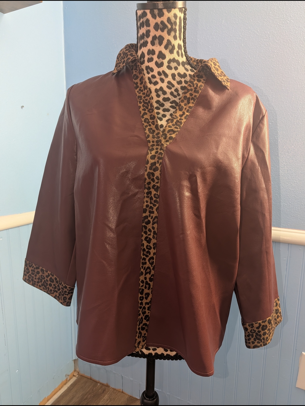 JODIFL Faux Leather Top with Leopard Trim